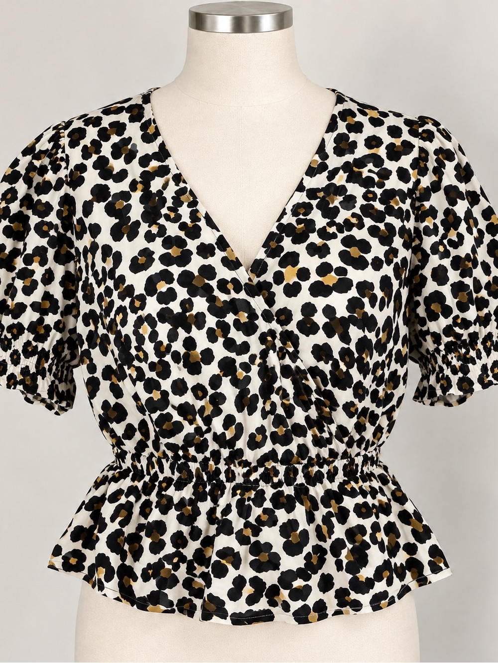 Banana Republic Leopard Print Peplum Wrap Blouse Puff Sleeve M
